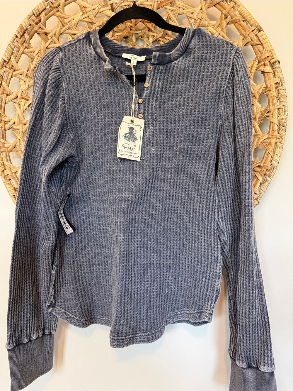 easel Washed Navy Blue Waffle Henley Long Sleeve Top- front top buttons